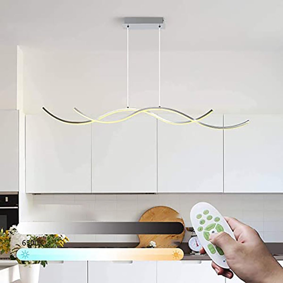 Garwarm Modern Wave Pendant Light 32W LED Dimmable Chandelier with Remote Control Adjustable Height Hanging Light Fixture for Dining Table Kitchen Island Living Room