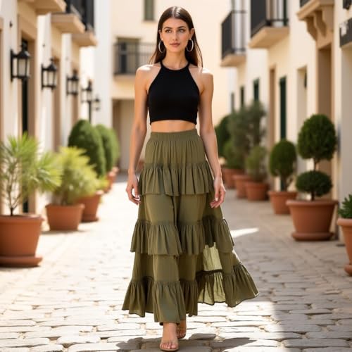 Women's Solid 3-Layer Frill Maxi Skirt – Long Flowing Viscose Skirt, Tiered Boho Style for Casual & Dressy Wear2