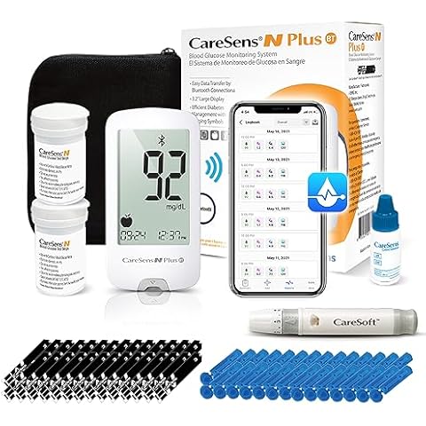 CareSens N Plus Bluetooth Blood Glucose Monitor Kit - 100 Test Strips, Lancets, Meter, Lancing Device, Travel Case, Control Solution Cover