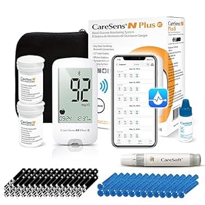 CareSens N Plus Bluetooth Blood Glucose Monitor Kit with 100 Blood Sugar Test Strips, 100 Lancets, 1 Blood Glucose Meter, 1 Lancing Device, Travel Case for Diabetes Testing Kit (Auto-Coding Glucometer kit with 1 Control Solution) for Personal Use