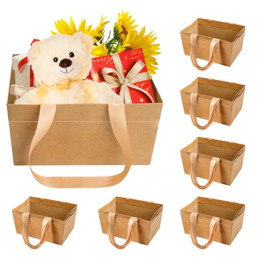 Orchidleaf 24 Pcs Basket for Gifts Empty DIY Bulk Empty Gift Basket 6.5 x 9.8 Inch Kraft Empty Gifts Baskets to Fill with Handles for Party Weddings Thanksgiving Graduation Season (Brown)