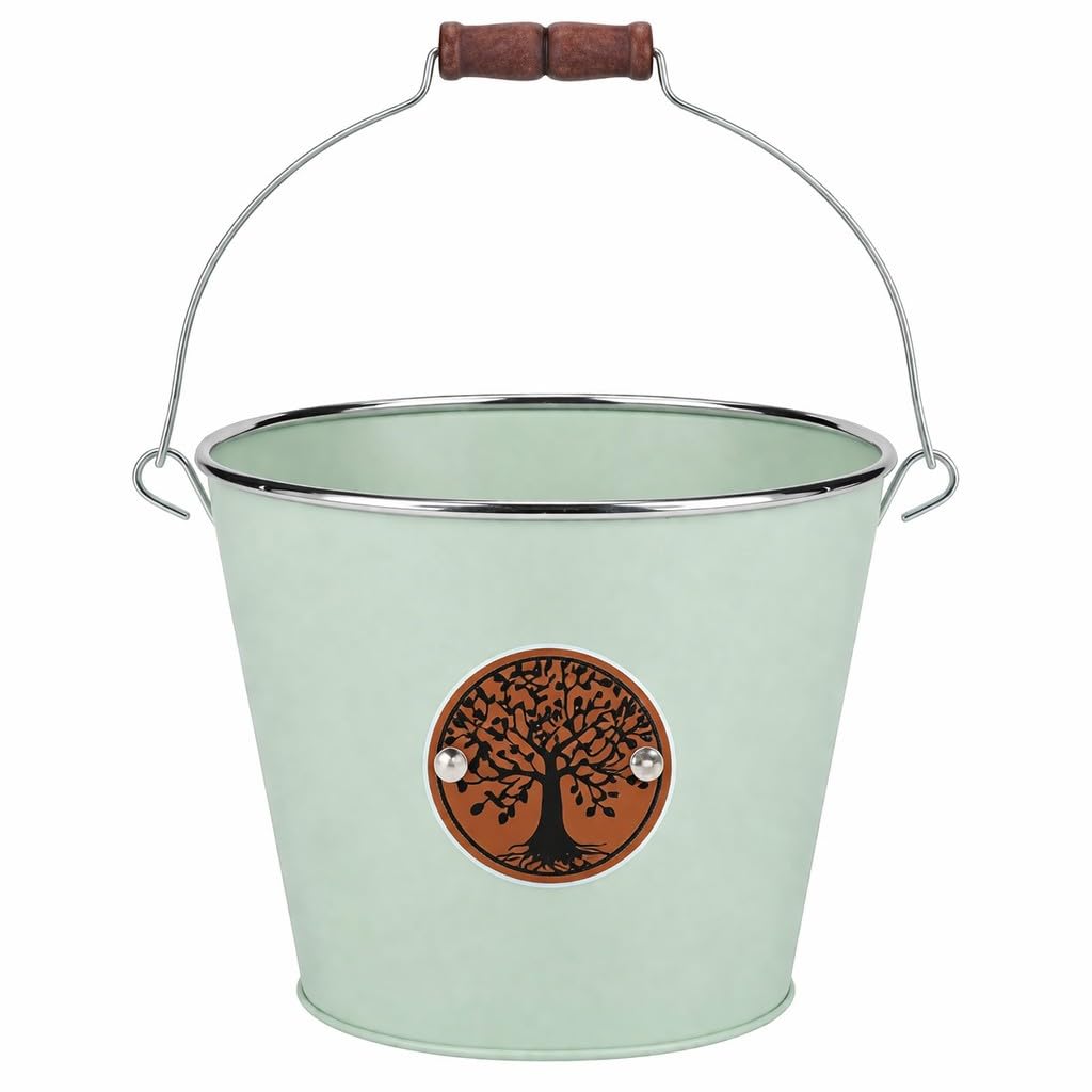 Quickdraw Metal Plant Pot Bucket Planter with Handle - Tree of Life Herb Flower Pot Indoor Outdoor Garden Planter Steel 16cm - Green, Blue or Grey (Green)