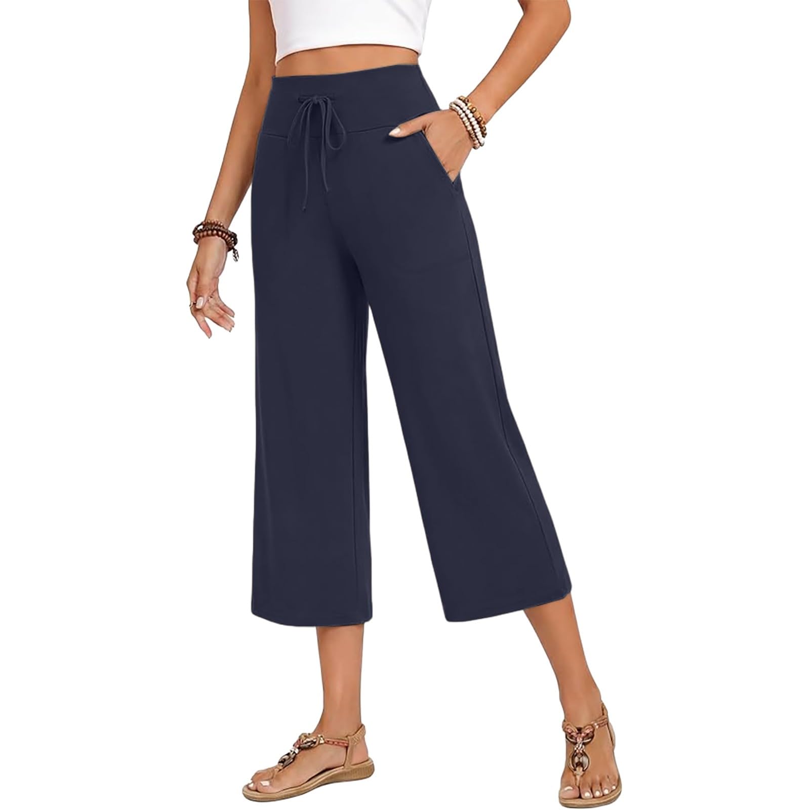 Pantaloni Capri Donna Yoga Vita Alta con Tasche, Pantaloni 3/4 Donna Estivi Elasticizzati A Gamba Larga con Coulisse, Pinocchietti Casual Leggeri per Fitness Passeggiata