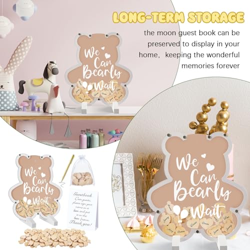 Image of Kosiz We Can Bearly Wait Acrylic Baby Shower Guest Book Alternatives Decorations with Wooden Hearts for 60 Guests Baby Shower Sign Picture Frame Pregnancy Keepsake Edition for Soon to Be Mom (Brown)
