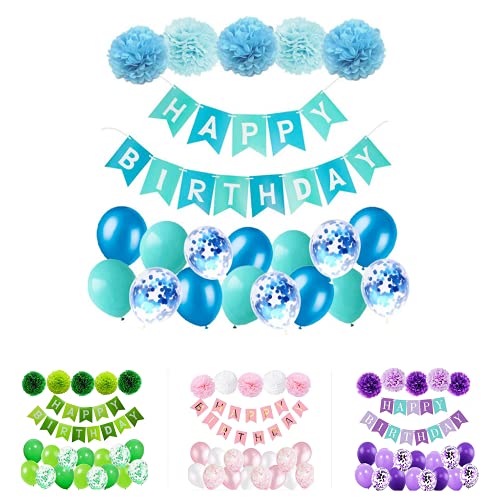Magnolia Happy Birthday Banner, Party Decoration Supplies Kit for Boys, Girls, Adults, package includes pre strung birthday banner, pompoms, confetti balloons (Blue)
