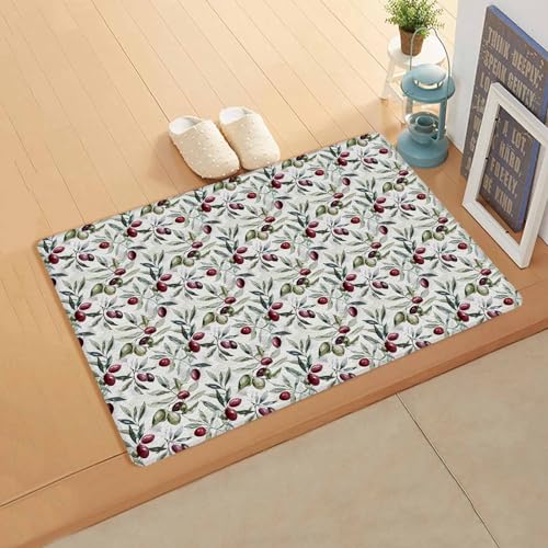 Botanical Antifatigue Kitchen Bath Door Mat Cushioned Runner Rug,Washable Welcome Floor Sink Mat,Waterproof & Non-Slip Standing Doormat for Kitchen,Green Tropical Leaves Red Berry Plant Leaves 24