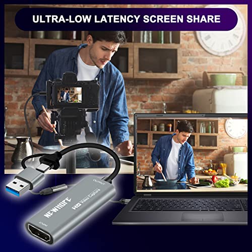 Newhope capturadora Video, Tarjeta de Captura de Video HDMI a USB/Tipo-C 1080P 60FPS Tarjeta de Captura de Juegos para transmisión, enseñanza, videoconferencia o transmisión en Vivo (Plata)