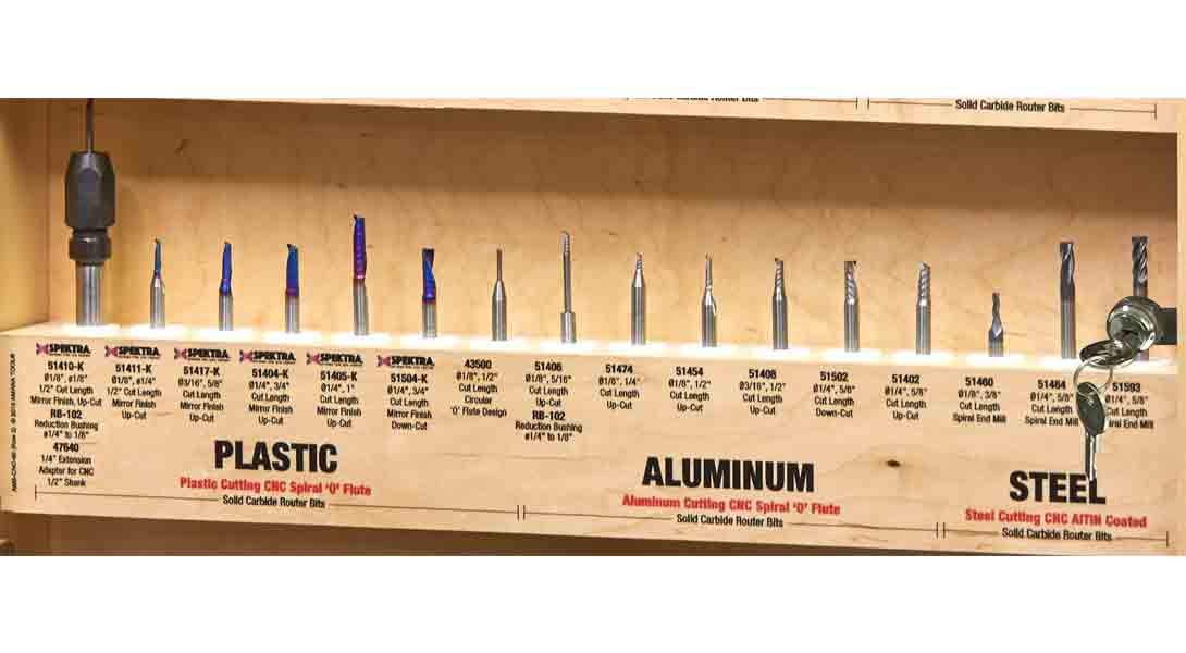Amana Tool AMS-CNC-60 CNC Master Router Bit Collection Includes 57 SKUs and LED Illuminated Mirrored Interior and Solid Wood Display