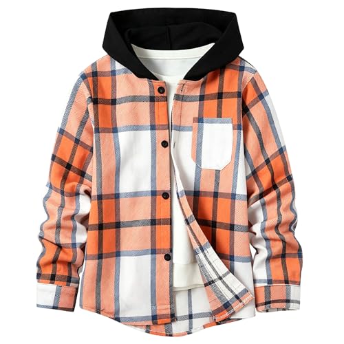 Image of Boys Girls Flannel Shirts Plaid Hoodies Fall Fashion Button Down Shirts | Long Sleeve Shirts Hooded Lightweight Jacket, Perfect for School Mornings, Leaf Piles,Camping, Bonfires, Weekend Adventures