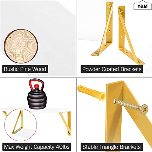 Y&M Floating Wall Shelves, Set Of 3 Rustic Pine Wood Wall Mounted Shelf With Gold Metal Brackets, Decorative Storage For Bedroom, Bathroom, Modern Kitchen Living Room Storage & Decoration - White #TOP4