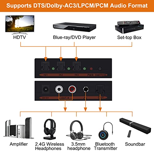 Wiistar Toslink Switch 3X1 Digital Optical Audio Switch 3X1 With Analog Rca And 3.5Mm Support 5.1Ch 5.1Ch/ Lpcm2.0/ Dts #TOP3