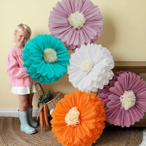 Image of Chunful 5 Pcs 30'' 24'' Giant Boho Tissue Paper Flowers Decoration Handcrafted Large Crepe Hanging Tissue Flower Paper Pom Pom for Baby Shower Birthday Bachelorette Wedding Bridal Shower Party Nursery