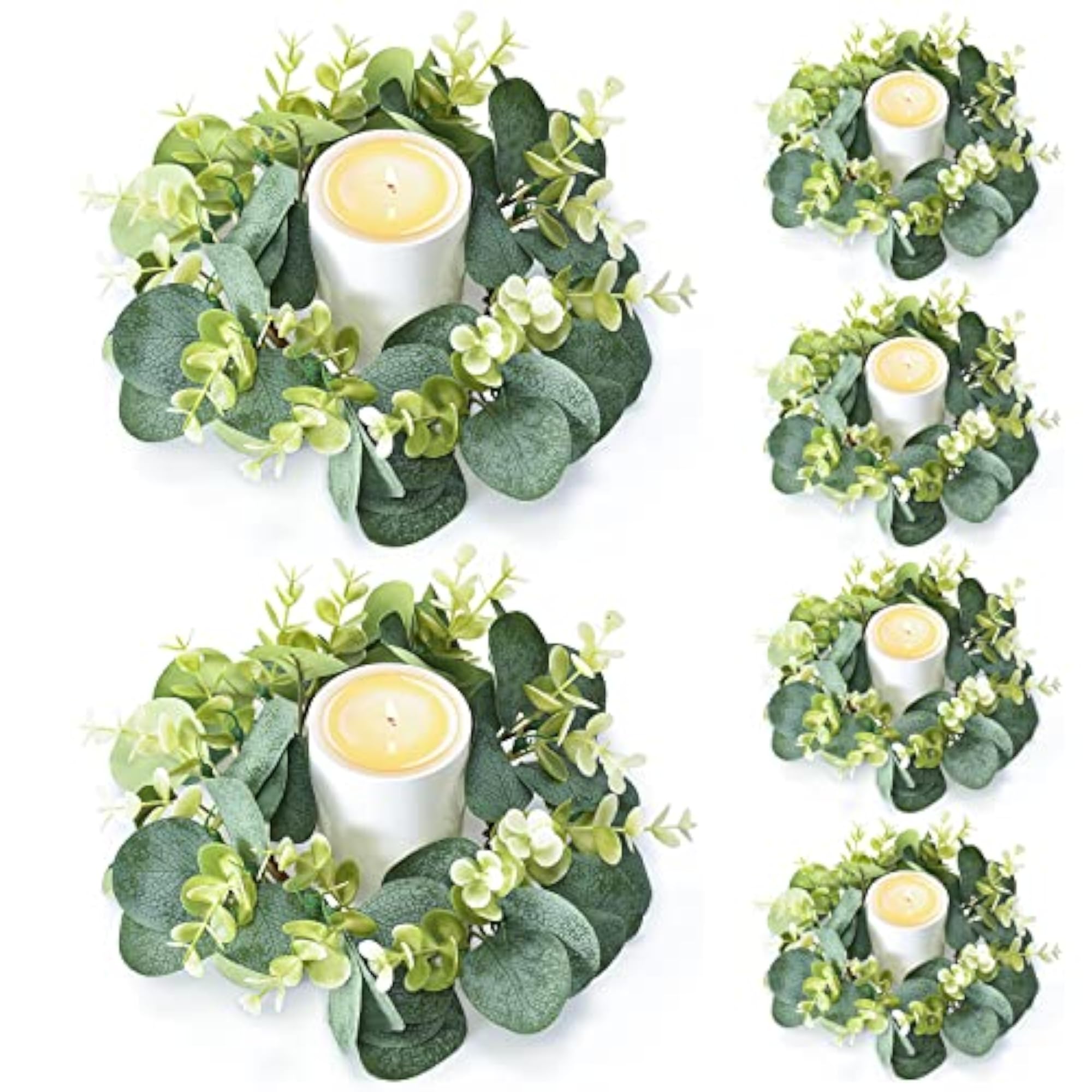 6 Pcs Candle Rings with Artificial Eucalyptus Leaves