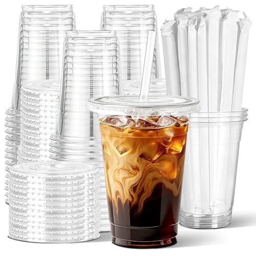 Ginkgo 50 Pack 16 oz Clear Plastic Cups with Lids and Straws Leak-Proof & Sturdy Iced Coffee Cups with lids Disposable To Go Cups for Dirty Soda Lemonade Smoothies & Cold Drinks