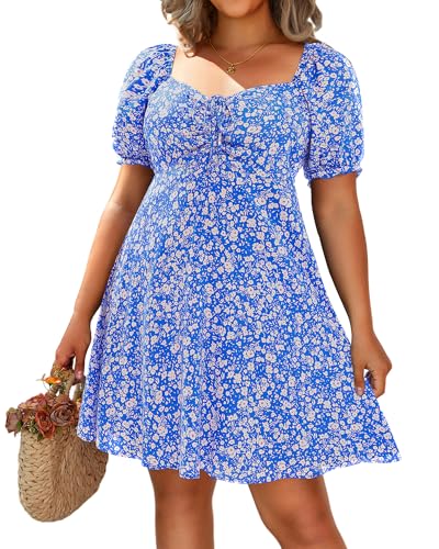 Image of Pinup Fashion Women Plus Size Casual Puff Sleeve Summer Sundress Smocked Short A Line Babydoll Cute Mini Dresses