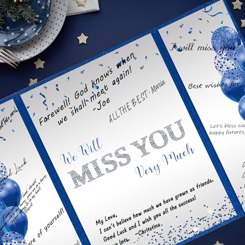 Image of DARUNAXY Blue Silver Farewell Party Decorations, We Will Miss You Very Much Alternative Signature Guest Book for Men Women Going Away Gifts Signing Card Board for Retirement Graduation Party Supplies