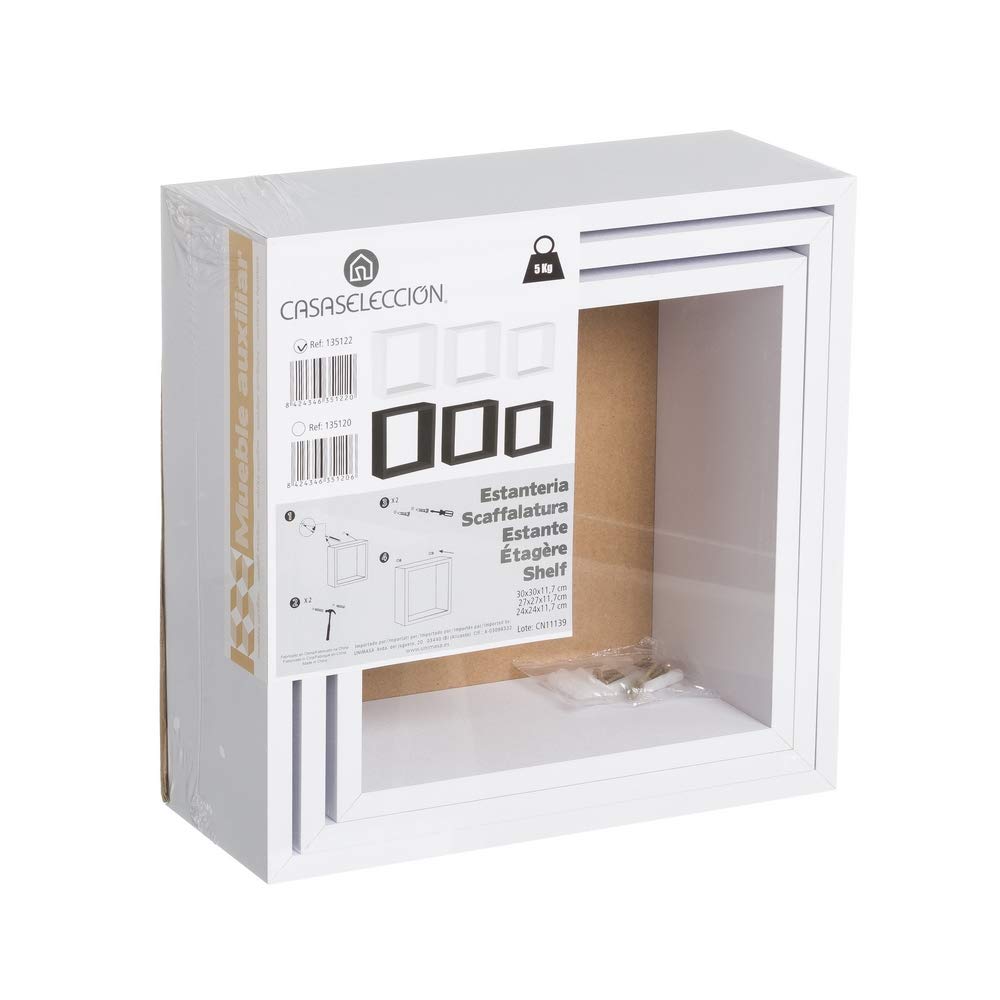 LOLAhome Set de 3 Estantes Cubo Grandes de Madera MDF Blancos/Capacidad 5 kg / 2 Tamaños Disponibles/Incluye herrajes de Pared/Estantes Flotantes con 3 Medidas 30, 27 y 24 cm