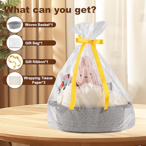 Image of OIAHOMY Gift Basket with Handle, Small Woven Basket with Gift Bag, Ribbon and Wrap Tissue Paper, Nursery Bins Empty to Fill with Small Items, Baby, Pet Toy Organizer - Grey