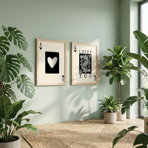Image of NoWorries Typography Playing Cards Wall Art Framed Painting | Lucky Ace and Queen Heart Card Art Prints | Minimal Black & White Aesthetic Wall Decor | Premium 300 GSM Paper Print with Synthetic Wooden Frame | Modern Wall Art for Living Room, Bedroom & Office (Set of 2) (NATURAL, ART-5, 10X13INCHES)