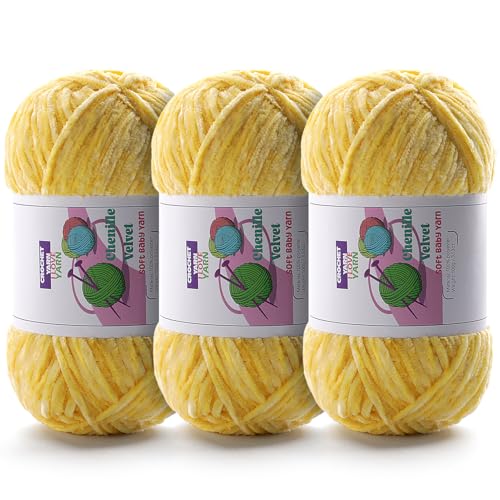 Image of 3 Skeins Soft Fluffy Velvet Yarn, Chenille Chunky Yarn for Hand Knitting and Crocheting DIY Craft, Amigurumi Crochet Yarn(3x196.8yds, 3x3.5oz) (Light Yellow)