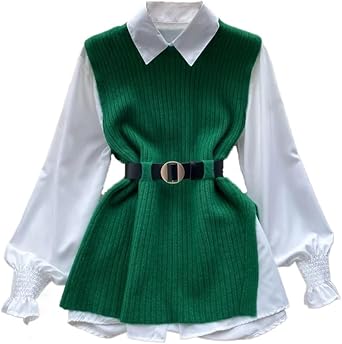 LIXINGHEITANG Ladies Dress Set Womens Loose Long-sleeved White Shirt Top Knitted Vest Two-