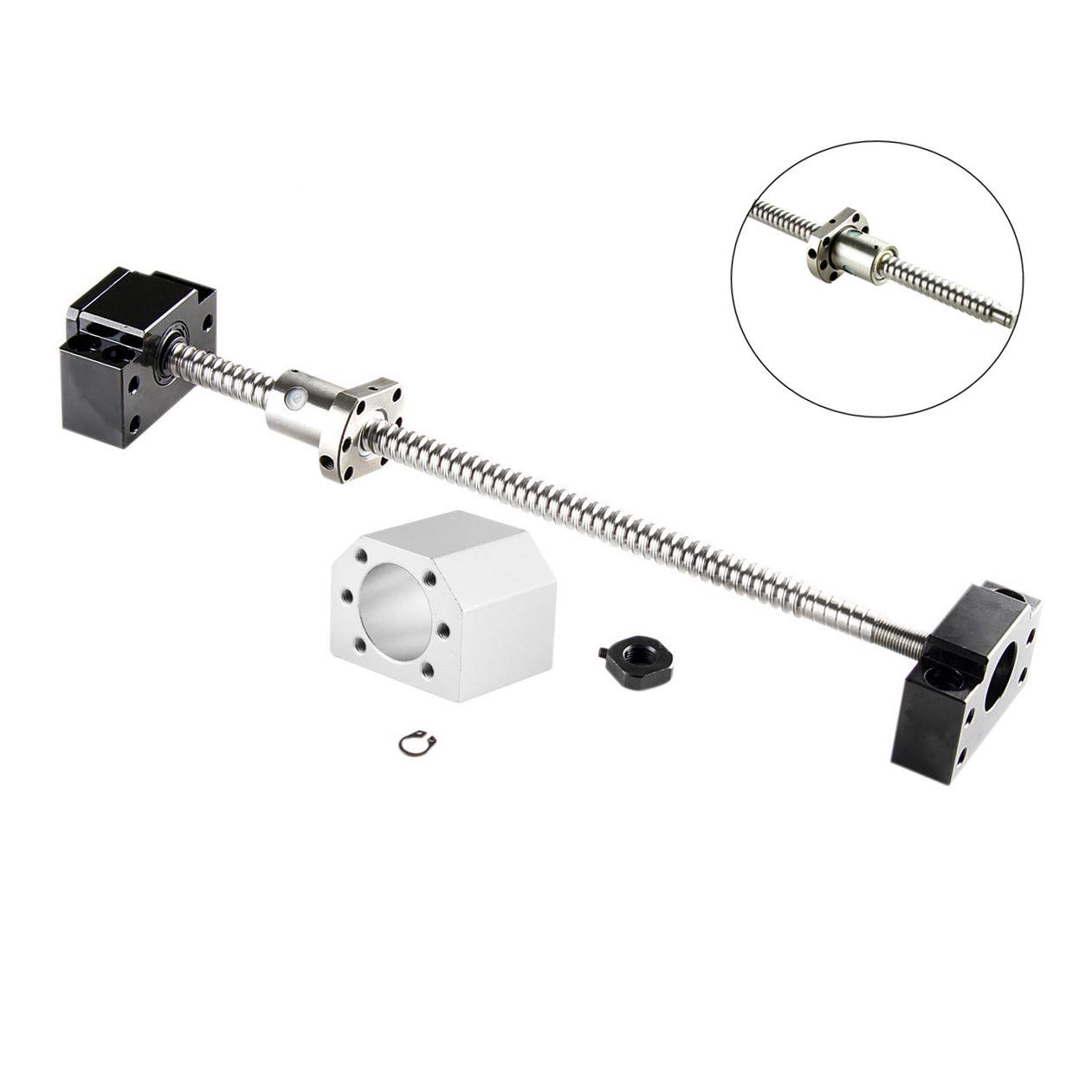 SFU2005-400mm Ballscrew with Metal Deflector Nut + BK/BF15 End Support + DSG20H Ballnut Housing, Ball Screw Length 15.7 inch(400mm) Diameter 20mm Pitch 5mm