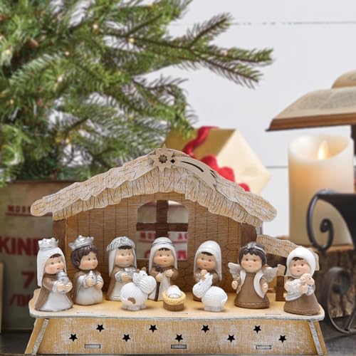 Hodao Nativity Sets for Christmas Indoor Christmas Nativity Sets Decorations- with Light-Welcoming The Birth of Jesus - Perfect for Tabletop Decor and Collectibles-Christmas Party Home Decorations