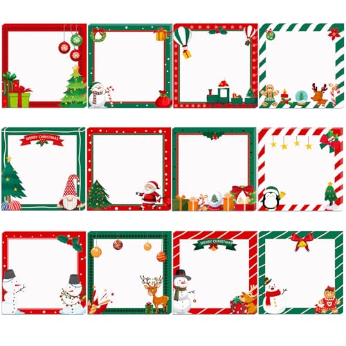 12 Pcs Christmas Sticky Notes Red Green Christmas Design Self-Adhesive Note Pads Winter Holiday Xmas Decorative Sticky Memo Notes For School Office Home Supplies Students Teachers Gift