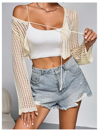 MakeMeChic Women's Boho Plus Size Crochet Cardigan Long Sleeve V Neck Tie Front Sweater Crop Tops4