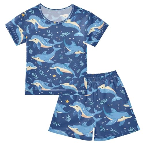 ALAZA Cartoon Dolphin Print Blue Pajamas Short Sleeve 2 Piece Sleepwear Top and Bottom Pajama Set Unisex