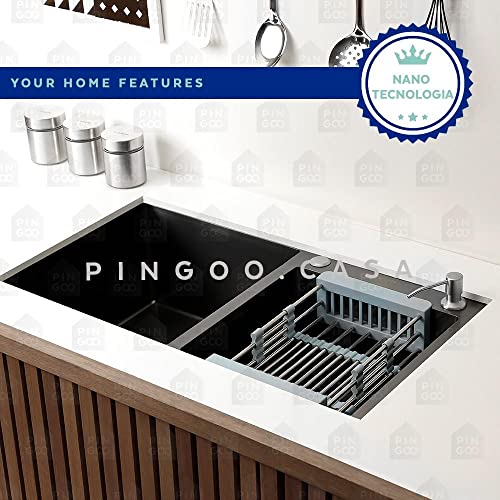 Pingoo.Casa, Cuba para Cozinha com Acessórios, Pia Dupla, Gourmet, Aço Inox 304, Awá, Preto