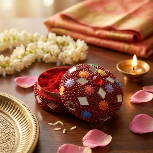 Image of Indian Dark Red Pure Kumkum Powder (Sindoor, Kumkuma, Kum Kum) For Makeup, Pooja And Other Hindu Rituals (Fancy Box 4)