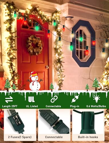 Image of C9 LED Christmas Lights Outdoor 25Ft Outdoor Christmas Decorations String Lights Waterproof with 26 C9 LED Red White and Green Bulbs, Hanging Vintage Christmas Light for Garden Party Pathway Roofline