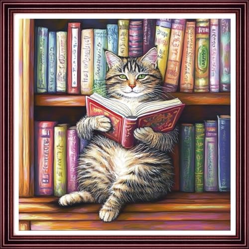 Image of Redxing Stamped Cross Stitch Kits Full Range of Embroidery Starter Kits- Needlepoint Counted Cross Stitch Kits for Beginner Adults 11CT Printed Embroidery Kit-Reading on cat Bookshelf 18x18 inch