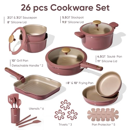 Image of CAROTE 26 Pcs Pots and Pans Set, Nonstick Cookware Sets with Detachable Handle, Titanium Reinforced, Oven Safe, Cookware Non Stick Cooking Set w /Frying Pans & Saucepans Red(PFOS, PFOA Free)
