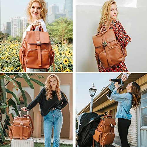Mominside Diaper Bag Backpack, Leather Backpack For Women, Travel Baby Bag With 14 Pockets, Baby Registry Search, Large Capacity, Wet Dry Bag, Changing Pad, 4 Insulated Pockets (Brown) #TOP1