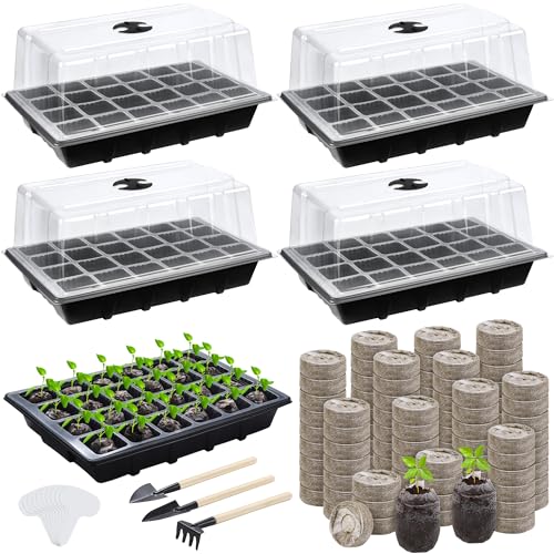 Hahood 4 Sets Seed Starter Tray Kit Germination Starter Tray with Humidity Dome and Base Include 100 Peat Pellets 100 Plant Labels Garden Tools Plastic Plant Growing Trays for Greenhouse Garden, Black