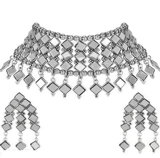 Navjai Fashion Jewellery Sets Silver Oxidised Afghani Tribal Cotton thread Bohemian Jewellery Square Choker Necklace for Women & Girls (Silver Mirror Choker) (B0C9CP12BG) Amazon Price History, Amazon Price Tracker