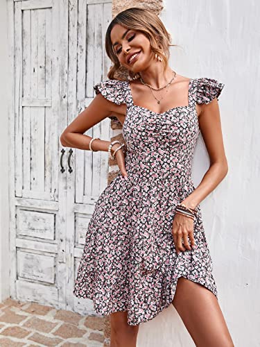 Prettygarden Women's Casual Summer Dress Floral Boho Ruffle Strap Backless Tiered Mini Short Beach Sun Dresses Black #TOP2