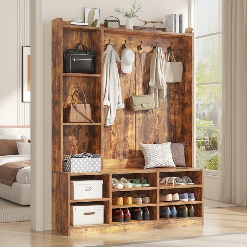 Hall Tree with Storage Bench, 5-in-1 Entryway Bench with Coat Rack, Adjustable Shoe Storage, Hanging Hooks, Shoe Organizer for Entryway,Brown