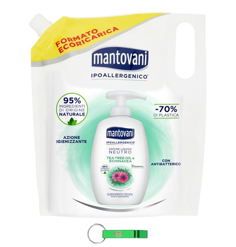 Mantovani Sapone Liquido Extra Protezione - Sapone liquido con olio di tea tree e Echinacea - Ideale per mani e viso Busta di ricarica ecologica 750 ml + portachiavi Beni Culinari