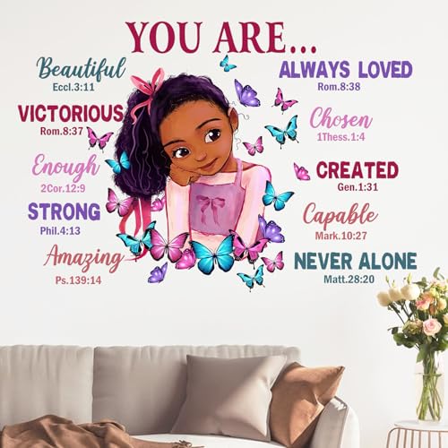 Yovkky Black Girl Religious Butterfly Wall Decal Sticker, Positive Saying African American You are Beautiful Nursery Decor, Inspirational Home Afro Kid Room Decoration Bedroom Playroom Art Gift