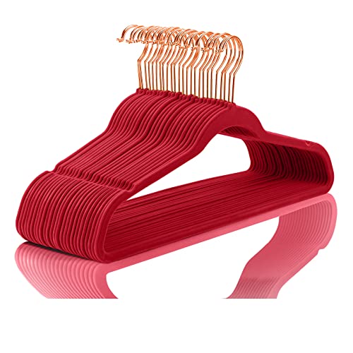 Premium Velvet Hangers (Pack of 50) Heavyduty - Non Slip - Velvet Suit Hangers Red - Copper/Rose Gold Hooks,Space Saving Clothes Hangers (Red)
