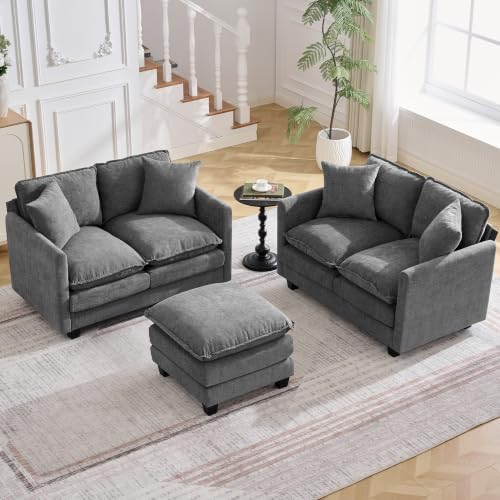 Image of Cloud 3 Pieces Sofa Set, 2+2 Seater Couch+1 Ottoman, Modern Sofas Sets with Deep Seat, Modular Sectional Couches Sets for Living Room, Bedroom, Small Apartment, Dark Grey