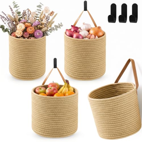 Image of Honeydak 3 Hanging Baskets, Light Linen, Cylinder, Cotton Rope
