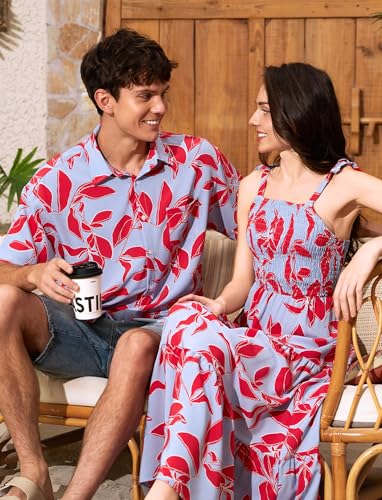 Image of PATPAT Couples Matching Hawaiian Outfits: Beach Vacation Tropical Print Women Spaghetti Strap Maxi Dress or Men Cruise Shirt
