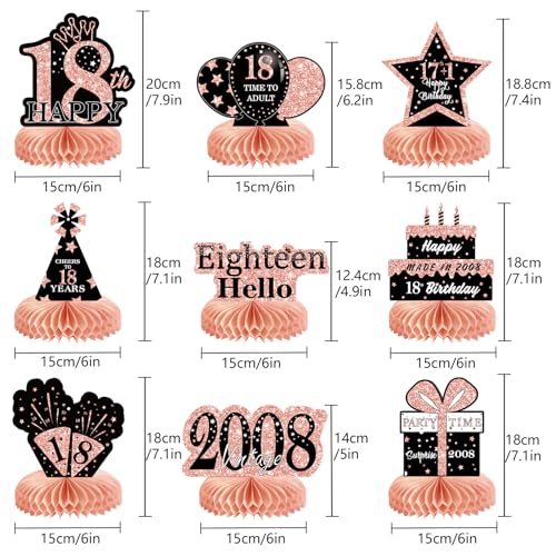 Image of 9Pcs Rose Gold Pink 18th Birthday Decorations Honeycomb Centerpieces for Girls,Happy 18th Birthday Centerpieces Tables Toppers Party Decorations Supplies,Vintage 2008 Aged Table Sign Decor