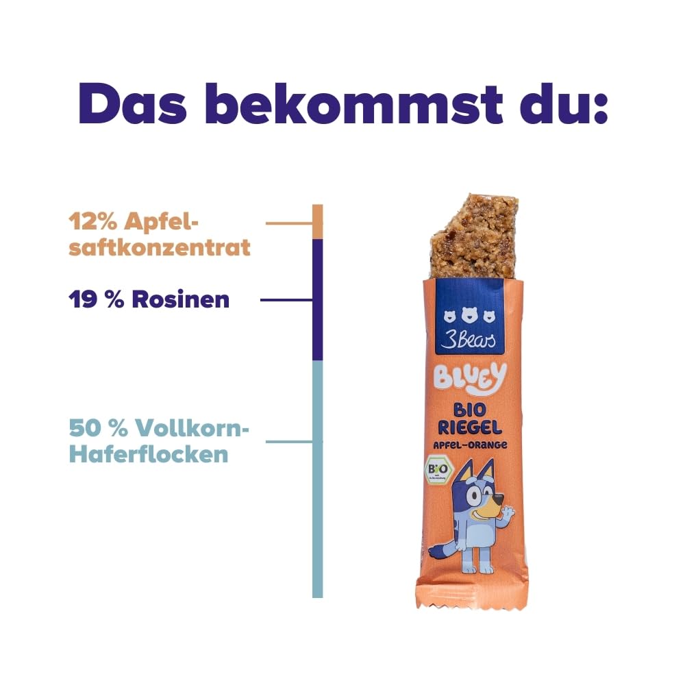 3Bears Bluey Müsliriegel für Kinder – Apfel – 6er Pack – Kinder Riegel mit Haferflocken – Fruchtriegel Kinder – Snacks für Kita & Schule - Ohne Palmöl - Vegan