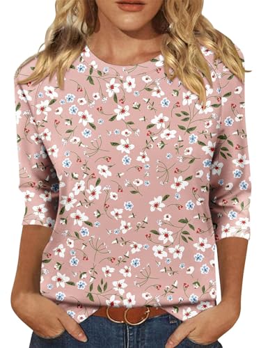 KISSMODA Tunic Tops for Women Loose Fit Dressy Round Neck Pleated 3/4 Length Sleeve Spring Tops