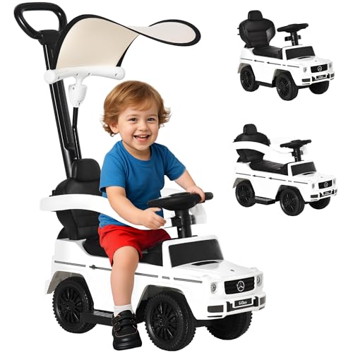 HOMCOM Porteur Enfants Voiture Enfant Multi-équipée 12-36 Mois klaxon Marche-Pieds, Garde-Corps et ombrelle Blanc